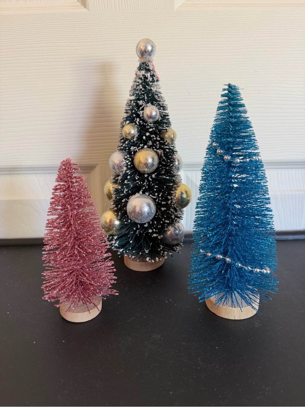Holiday Bottle Brush Tree Set - Pink, Green, Blue Wood bases.Balls beads glitter